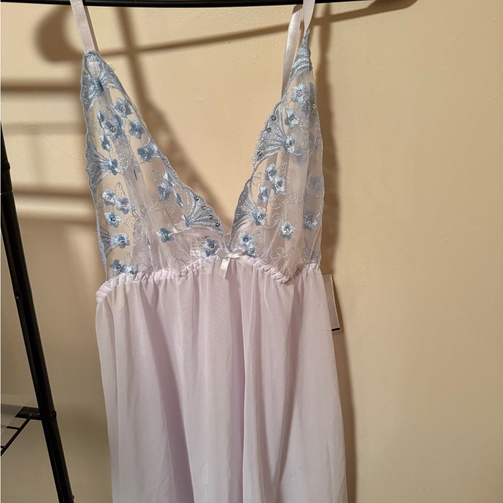 David's Bridal Blue and White Chemise with Elegant Embellishments